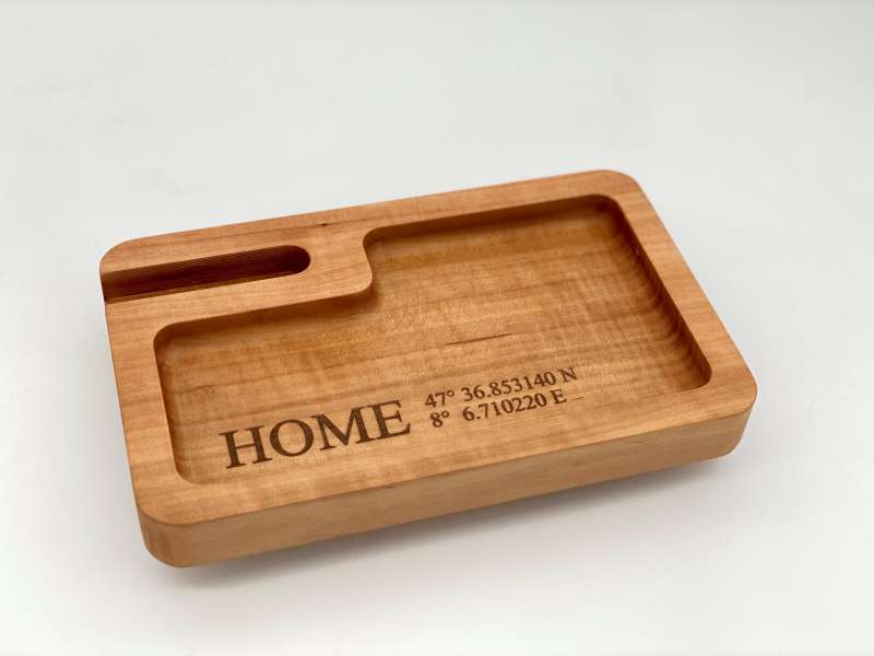 Catchalltray "HOME" with smartphone dock made of cherry wood with personal coordinate engraving